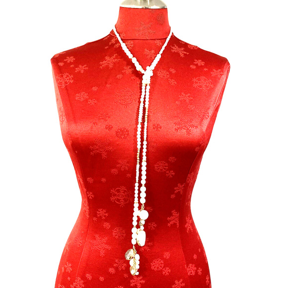 Chico’s Lariat Necklace White Crystals & Goldtone Beaded Tassels Necklace - Picture 4 of 8